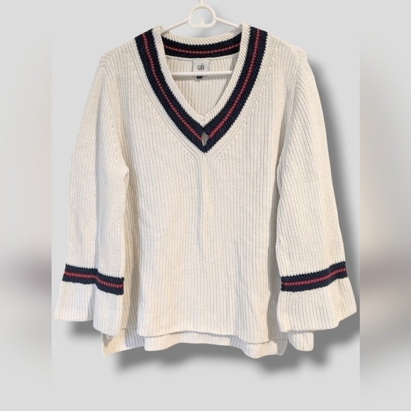 Cabi White Ribbed V-Neck Bell Sleeve Ace Pullover Sweater Preppy Classic - Picture 2 of 12
